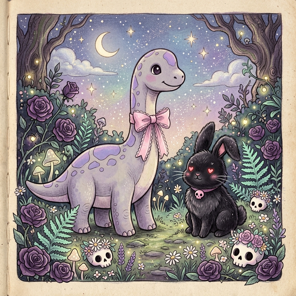 Braquiossauro com laço rosa e coelhinho preto