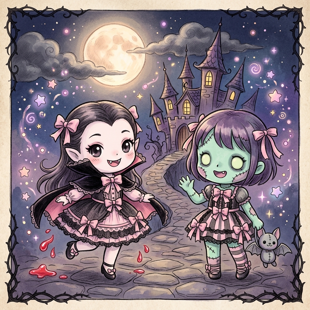 Vampirinha e zumbi chibi fofos de renda